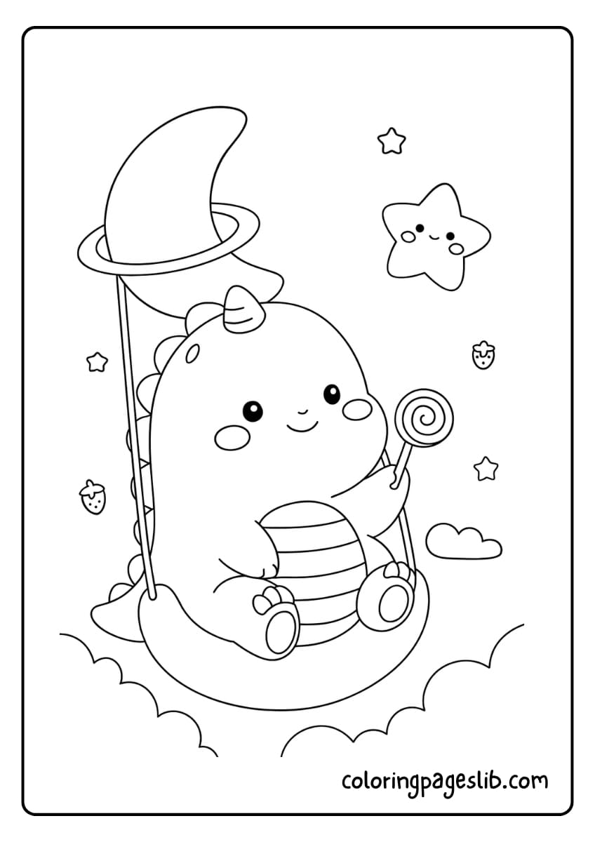 A cute dinosaur is sitting on a moon swing, holding a lollipop, surrounded by clouds and stars