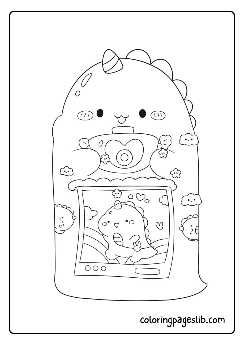 A cute dinosaur is taking a selfie with a camera, smiling while surrounded by fluffy clouds