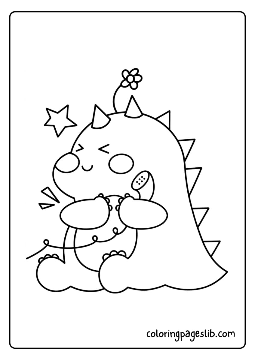 A cute dinosaur with a flower on its head is happily talking on the phone