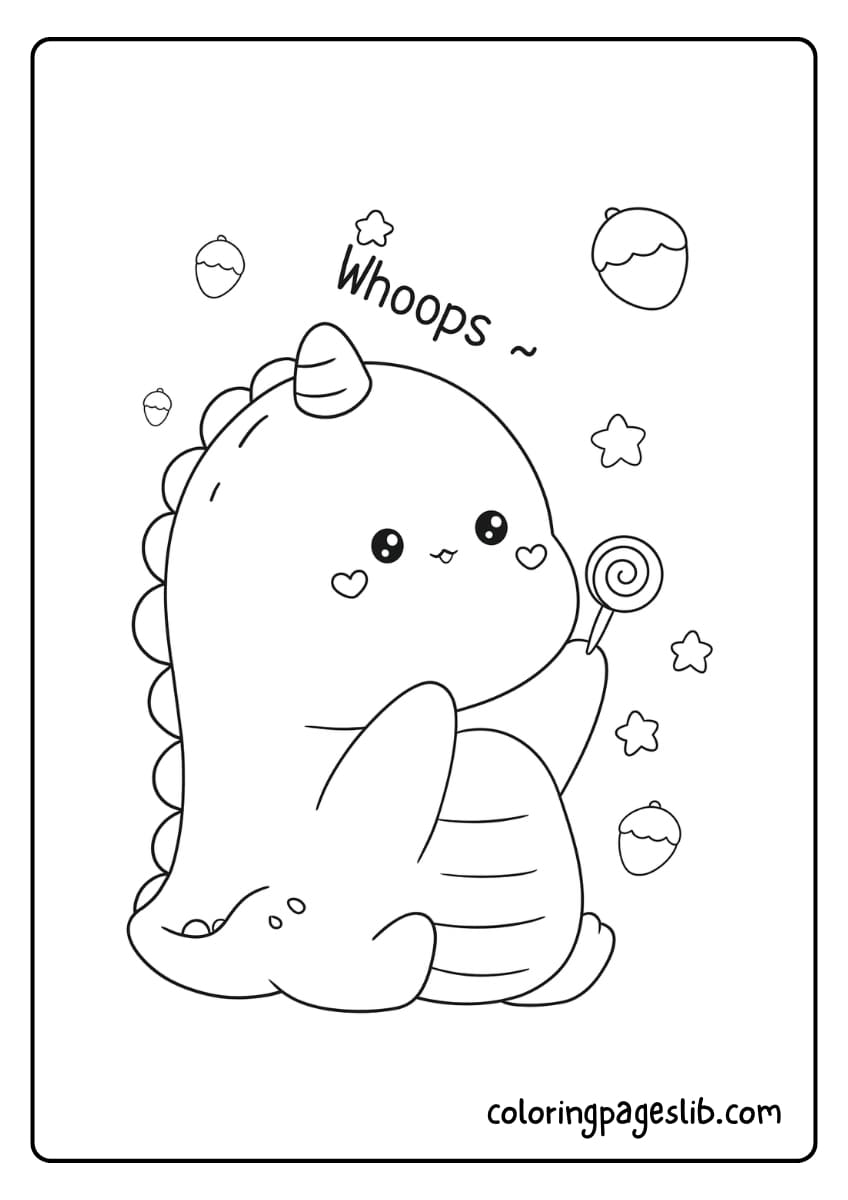 A cute dinosaur with heart shaped cheeks is holding a lollipop, surrounded by stars and acorns