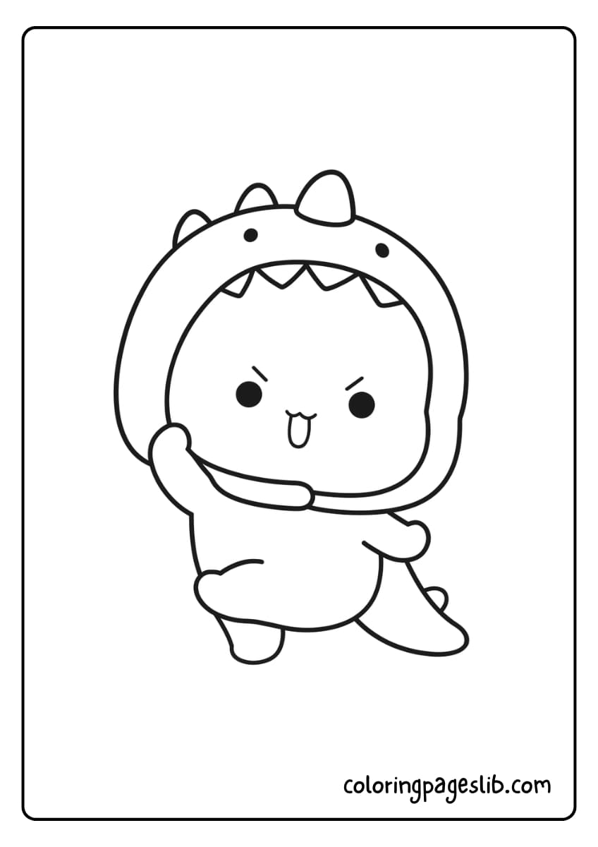 A determined cat wearing a dinosaur costume is striking a fighting pose