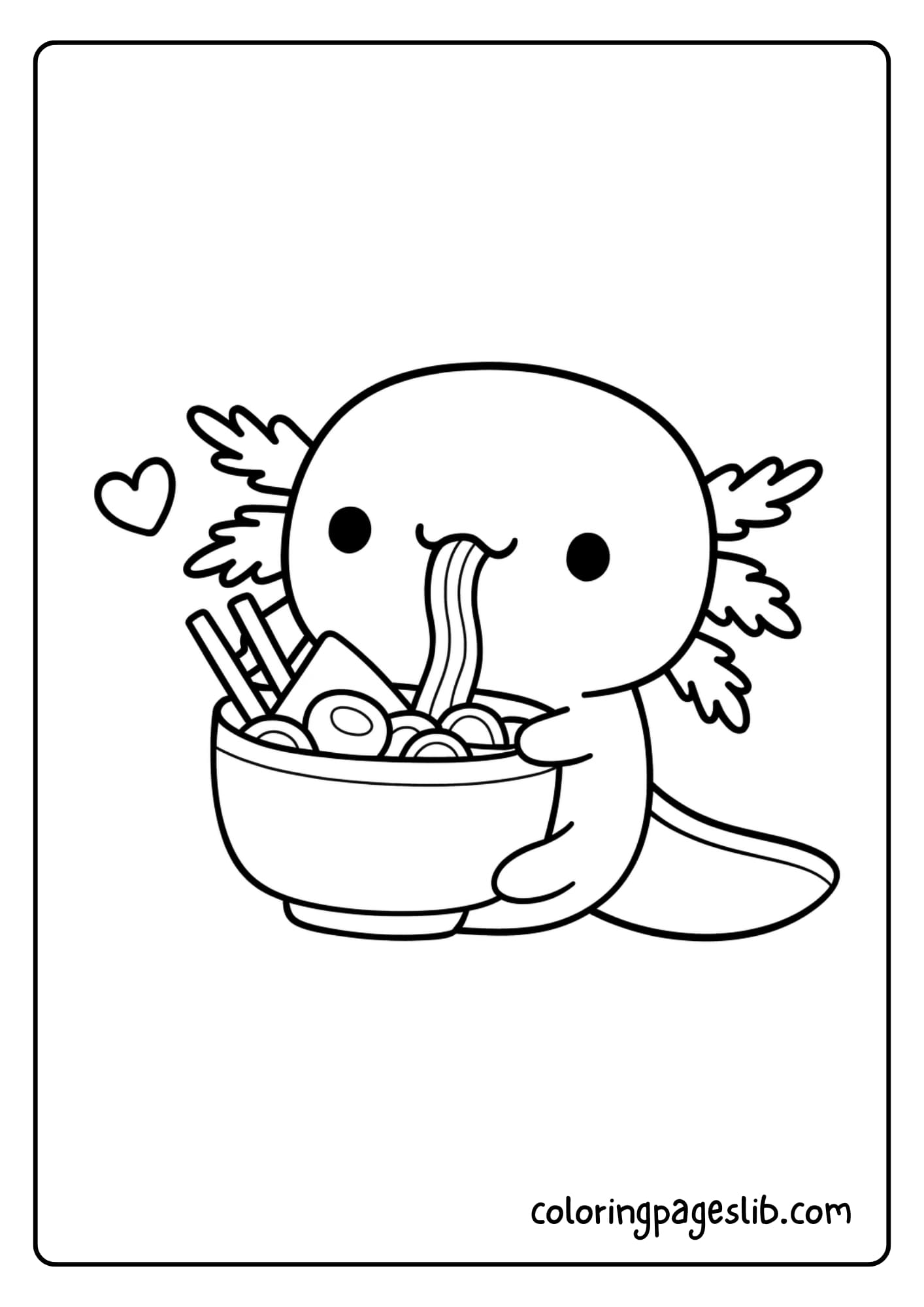 A happy axolotl enjoying a big bowl of ramen noodles
