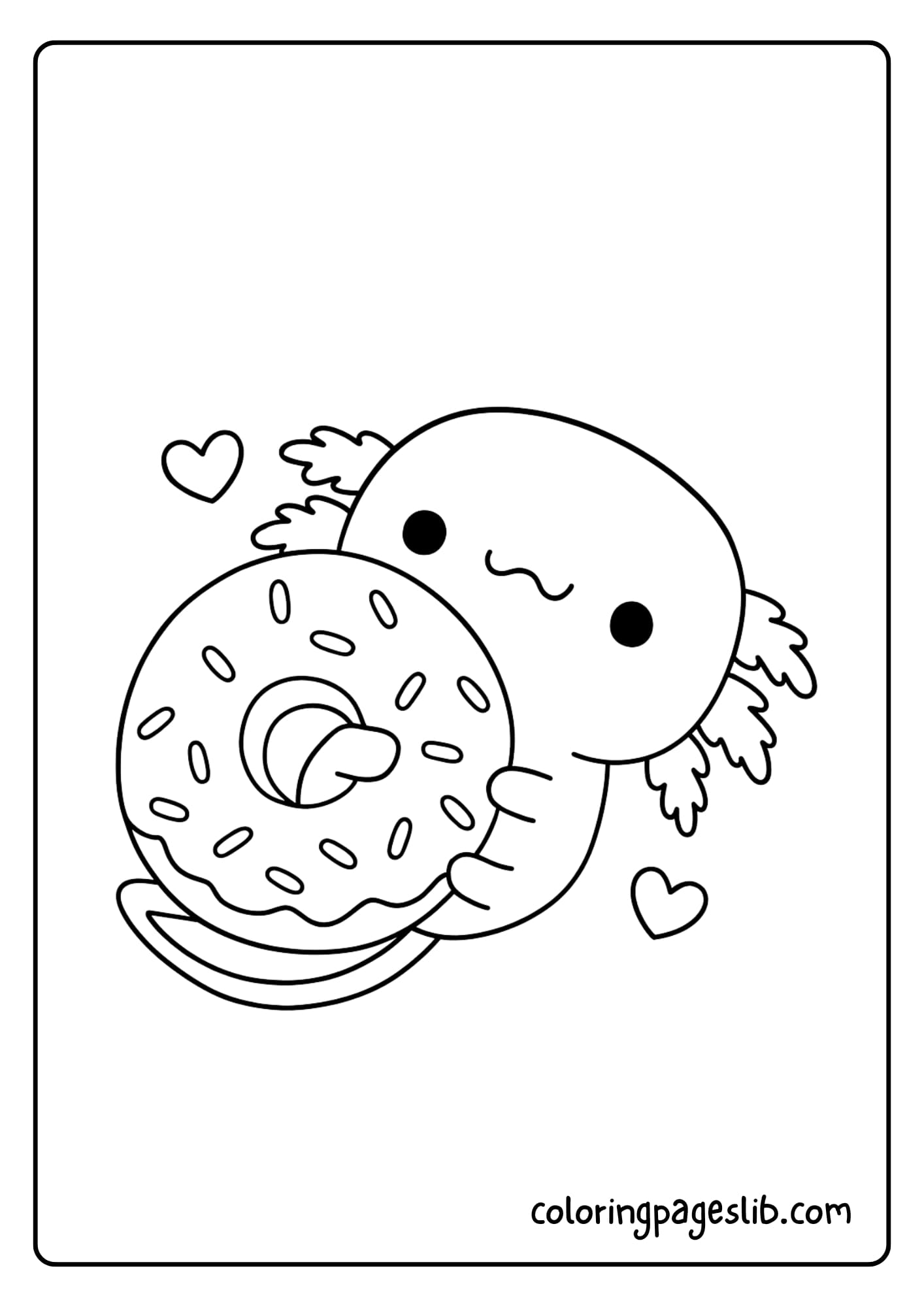A happy axolotl hugging a sprinkled donut with love
