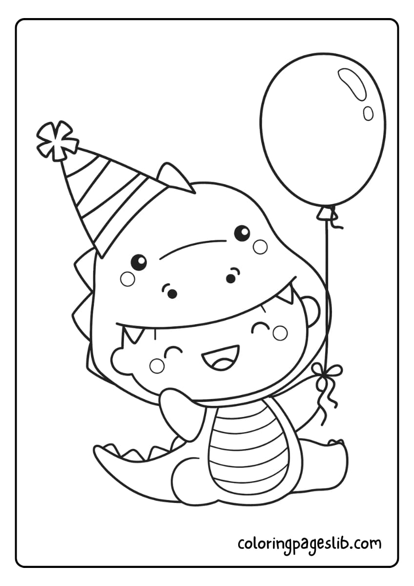 A happy child in a dinosaur costume is holding a balloon and wearing a party hat