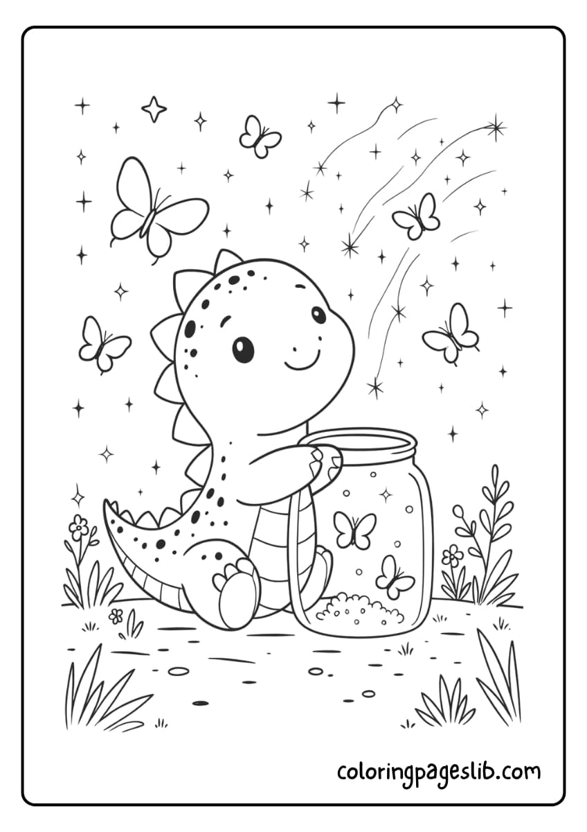 A happy dinosaur is sitting in a field at night, catching butterflies in a jar under a sky full of stars