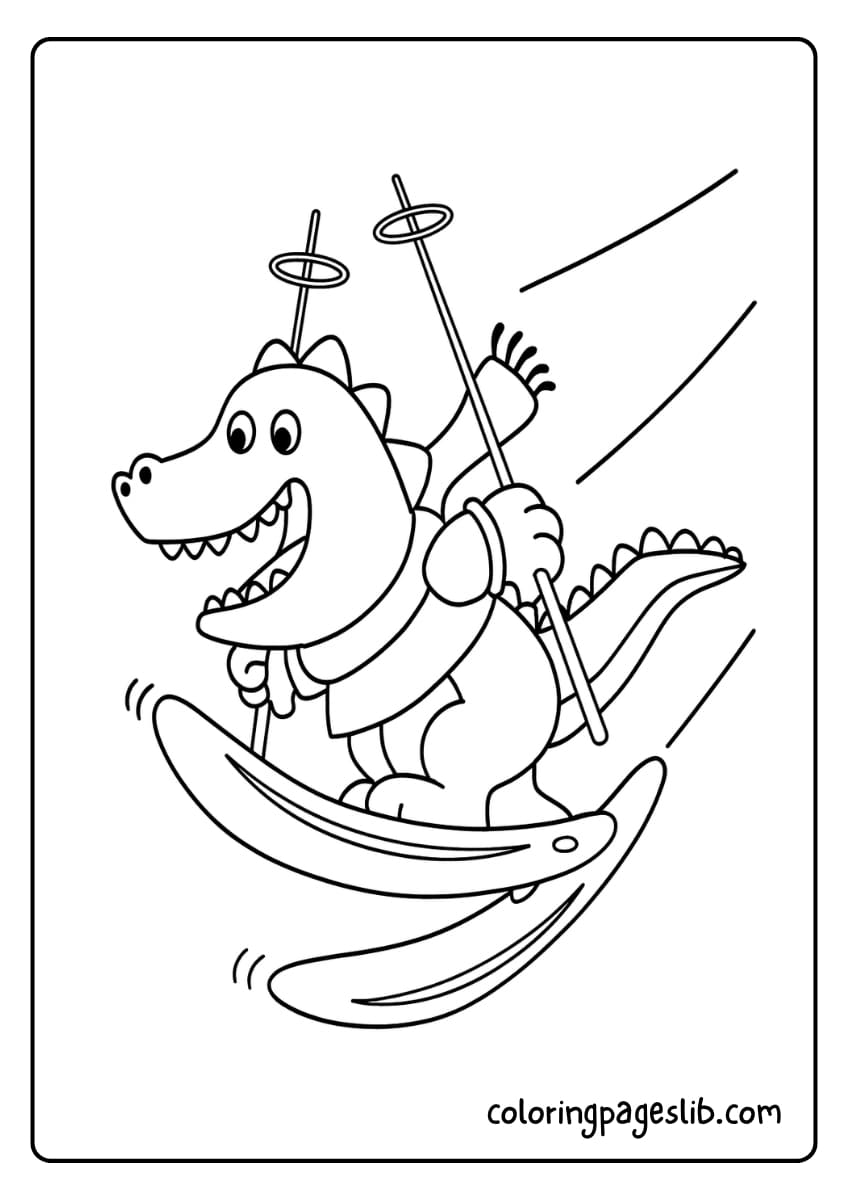 A happy dinosaur is skiing downhill with a big smile and waving its hand