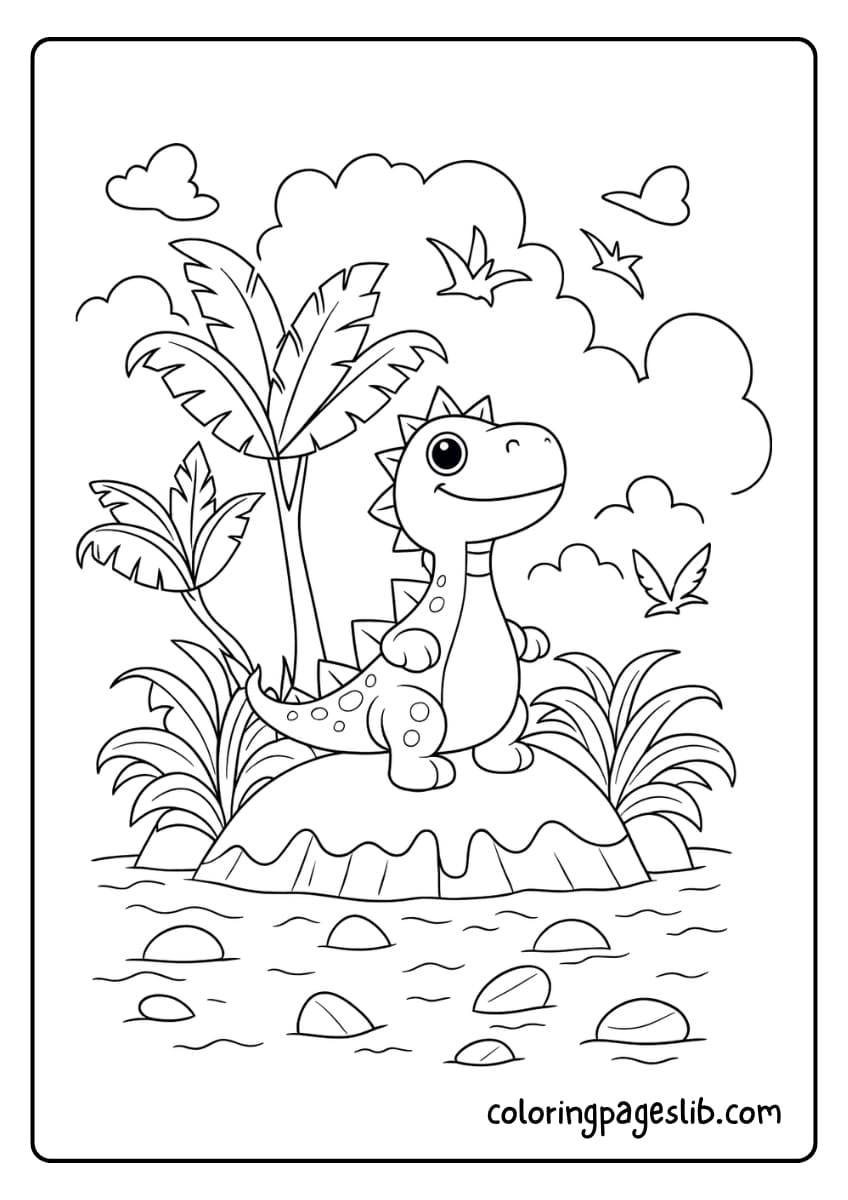 A happy dinosaur is standing on a small island surrounded by palm trees, birds, and water