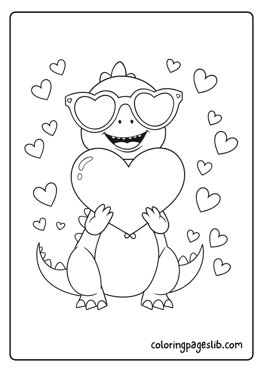 A joyful dinosaur wearing heart shaped sunglasses is holding a big heart surrounded by smaller hearts