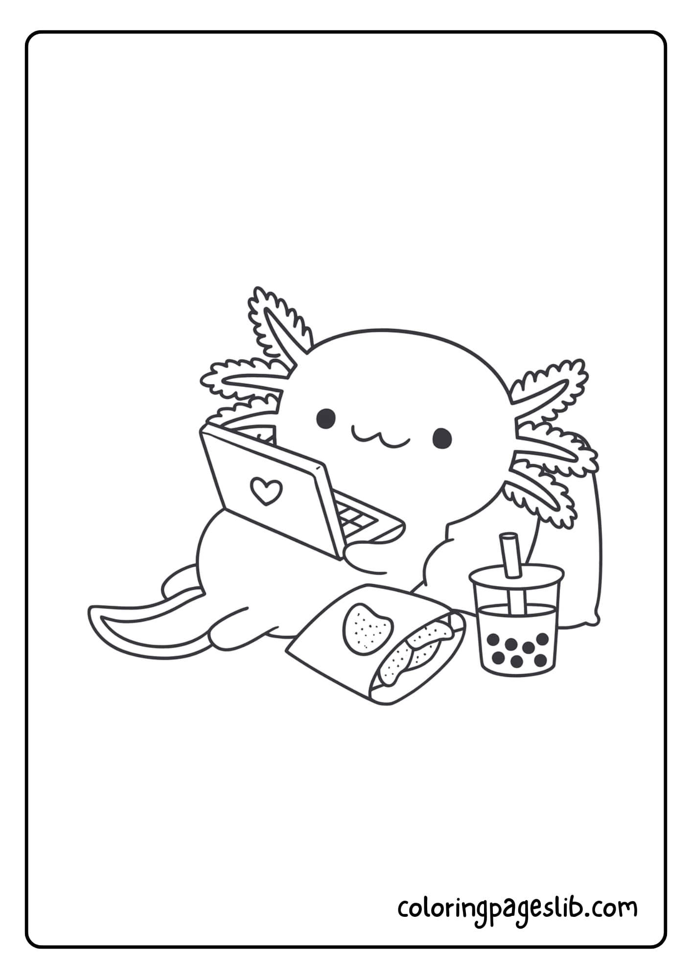 A relaxed axolotl enjoying a laptop session with snacks and bubble tea
