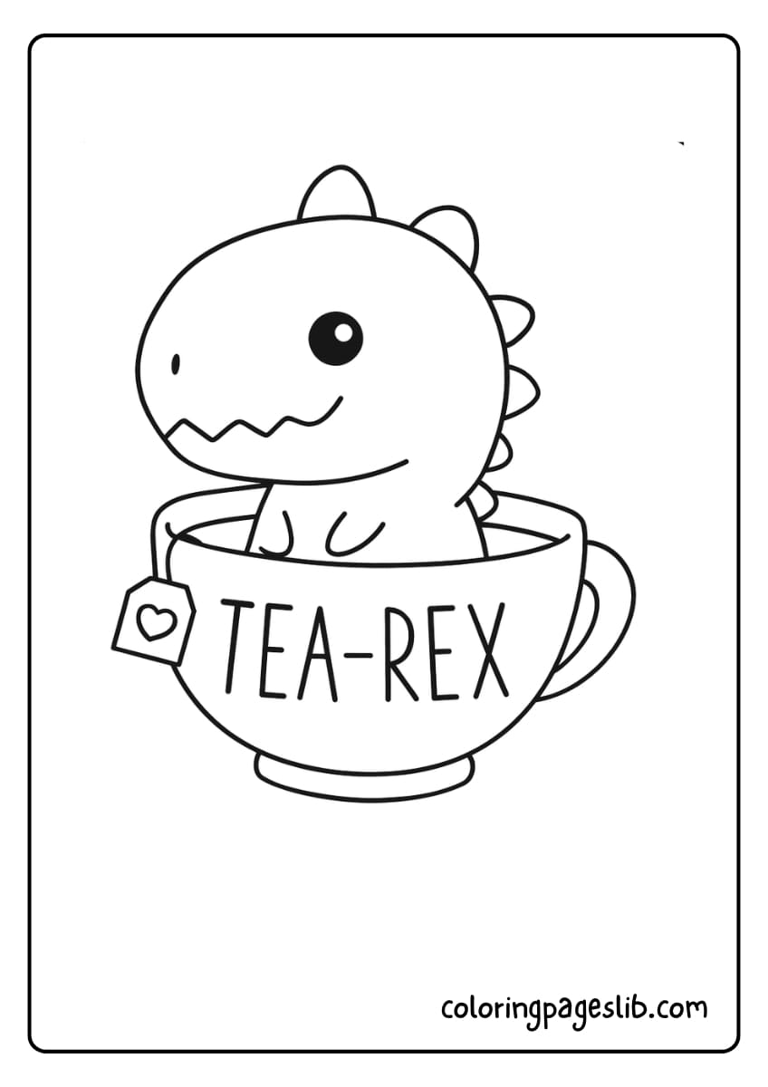 A small dinosaur is sitting inside a teacup labeled “Tea Rex.”