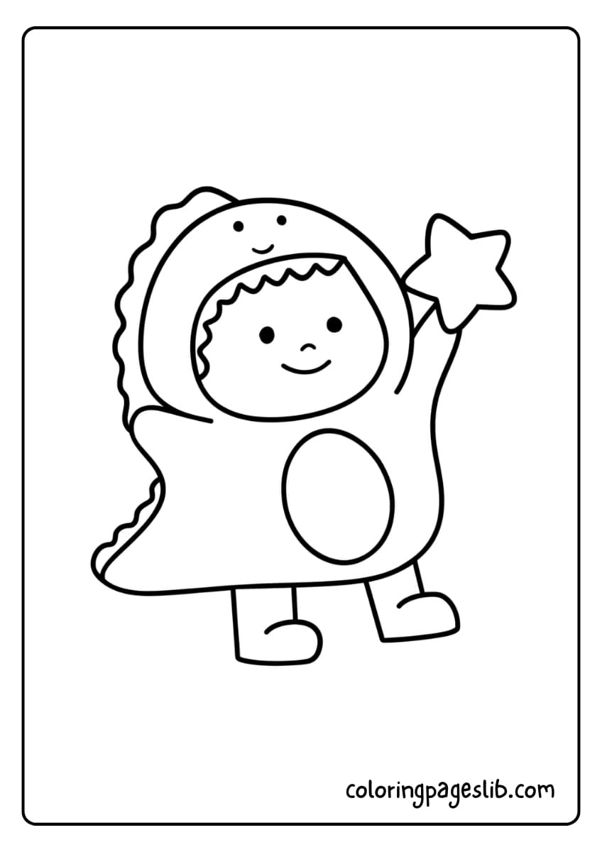 A smiling child in a dinosaur costume is holding up a star