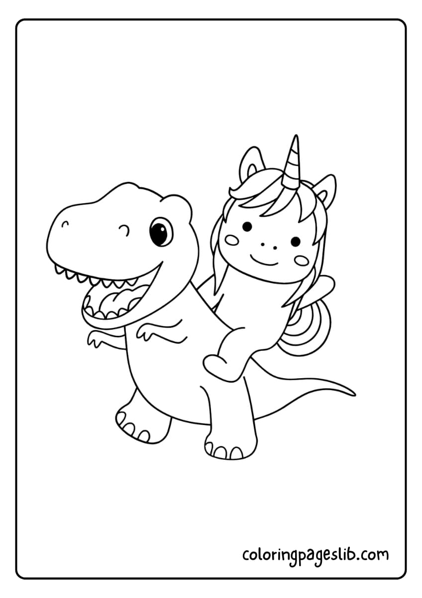 A smiling unicorn is happily riding on the back of a friendly dinosaur