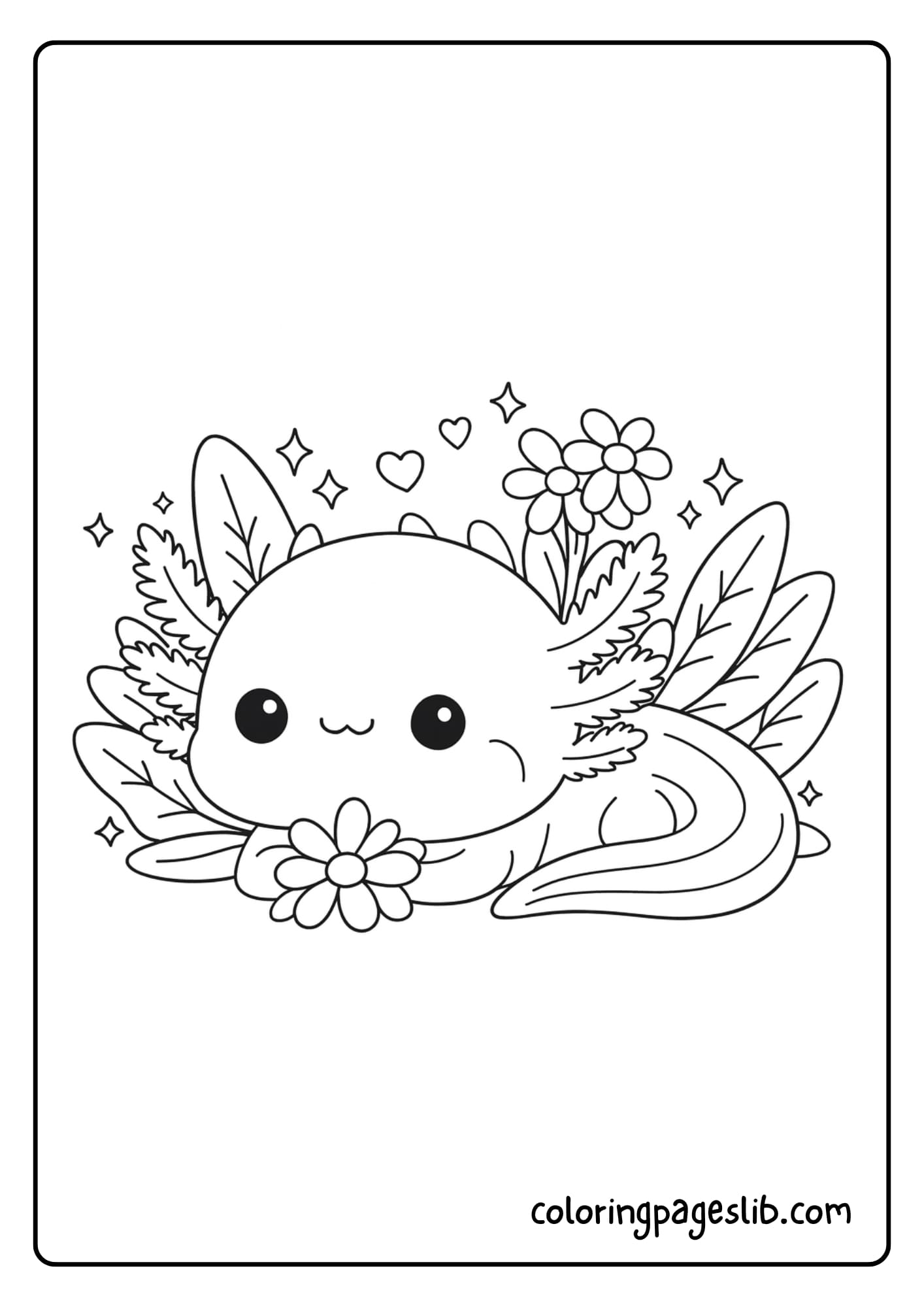 A sweet axolotl resting among flowers with sparkles and hearts around