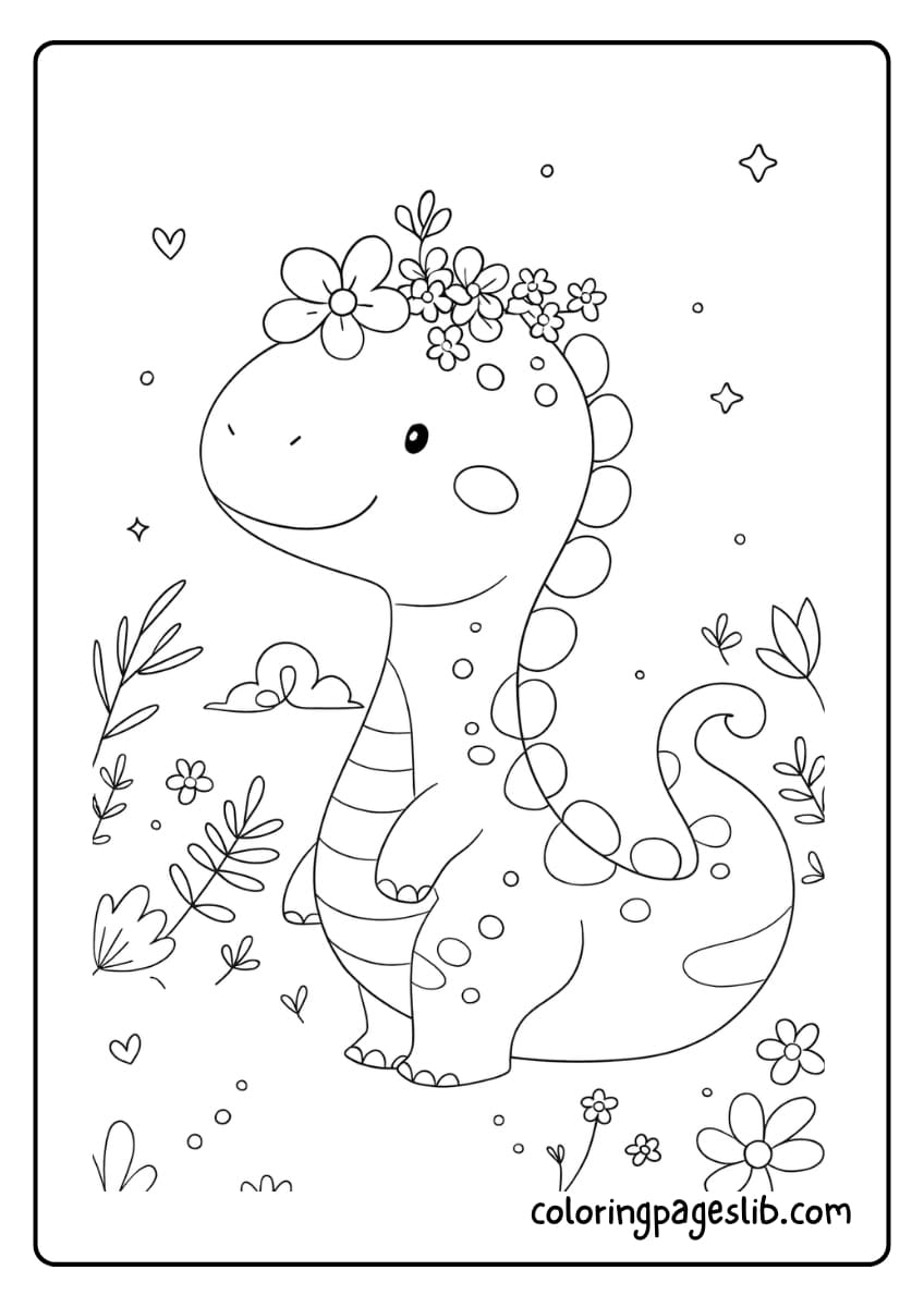A sweet dinosaur wearing a crown of flowers is standing happily among blooming plants