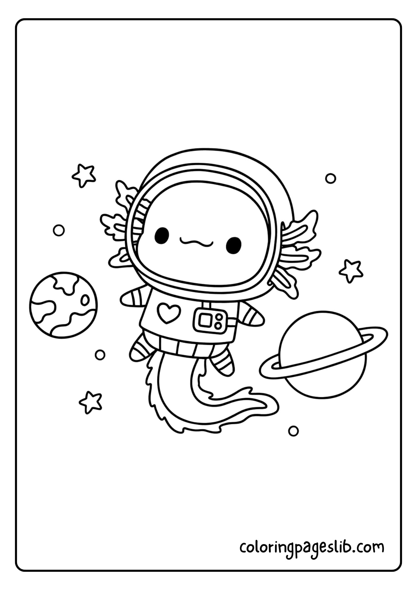 An adorable axolotl astronaut floating through space among planets and stars