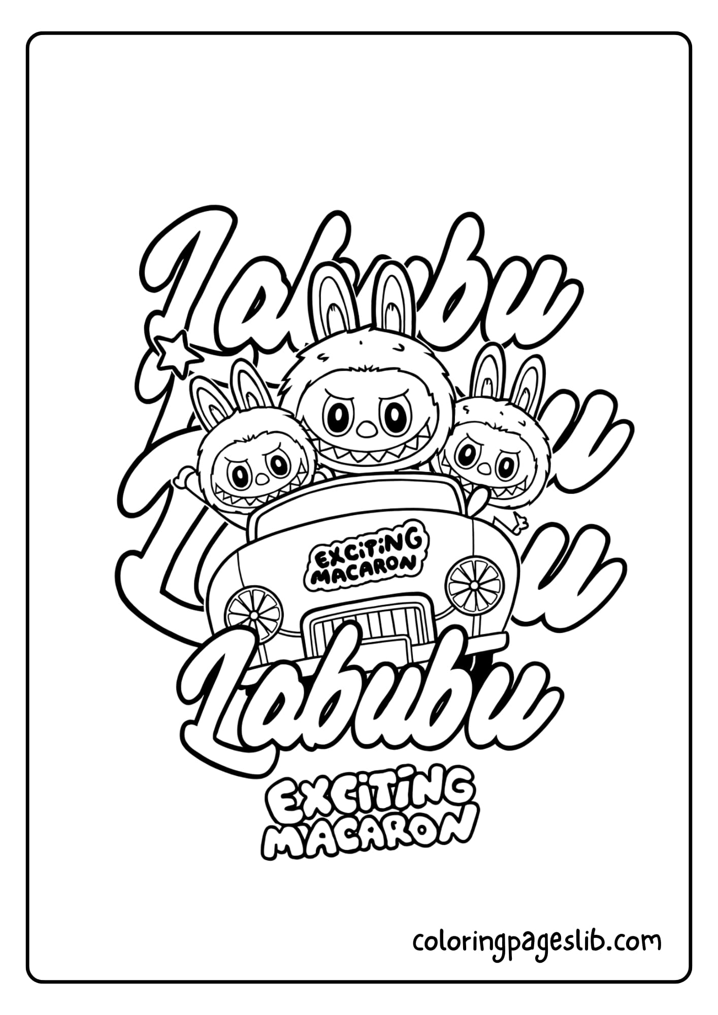 Labubu riding a bicycle with a basket full of fruit