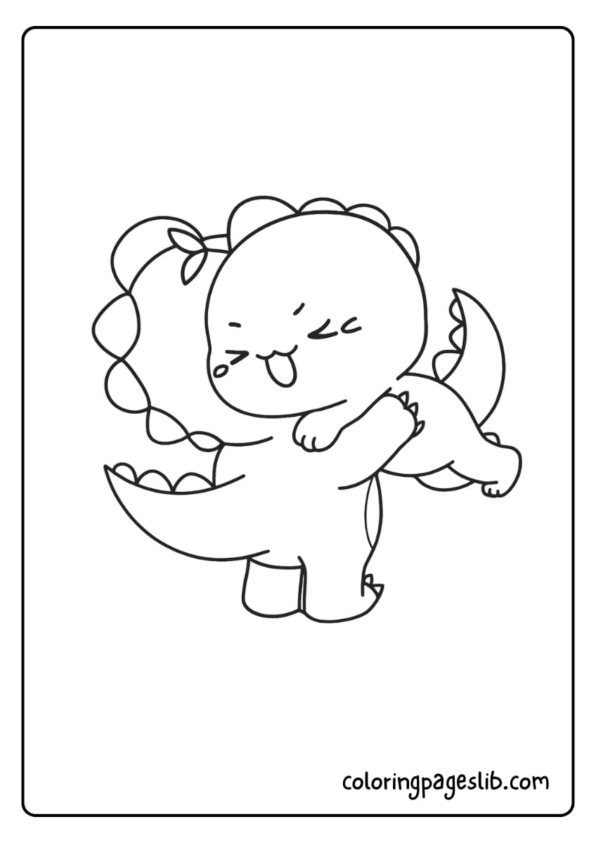 Two cute dinosaurs are hugging each other happily with joyful expressions